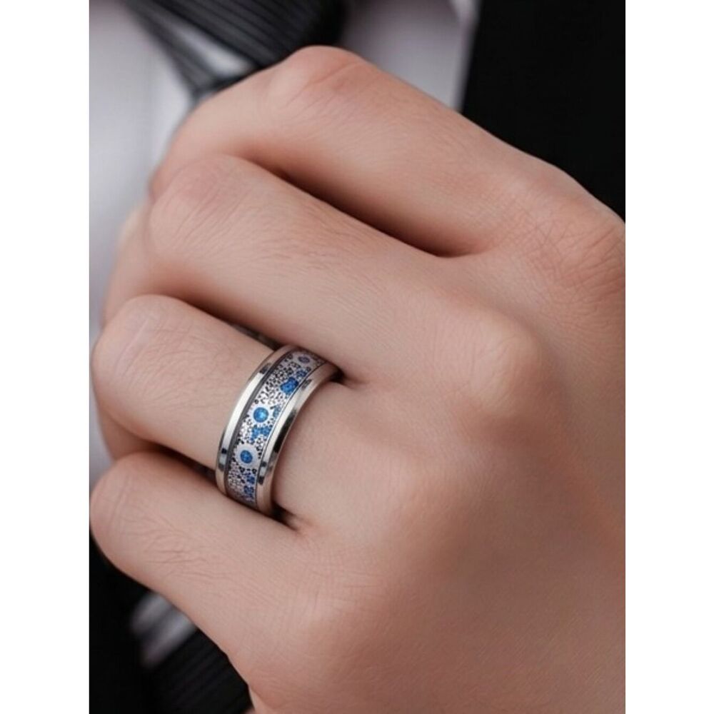 Blue Stainless Steel Steampunk Gear Inlay Men's Ring Decorative Wedding Band 10
